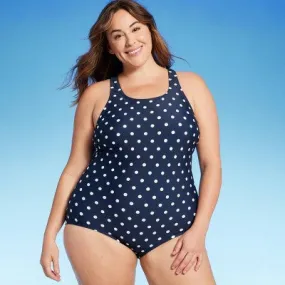 New - Lands' End Women's High Neck One Piece Swimwear Sporty Swimsuit, Navy Blue 2X