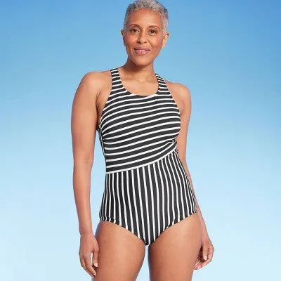 New - Lands' End Women's UPF 50 Full Coverage Striped High Neck Tugless One Piece