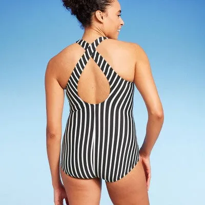 New - Lands' End Women's UPF 50 Full Coverage Striped High Neck Tugless One Piece