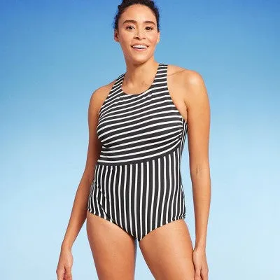 New - Lands' End Women's UPF 50 Full Coverage Striped High Neck Tugless One Piece