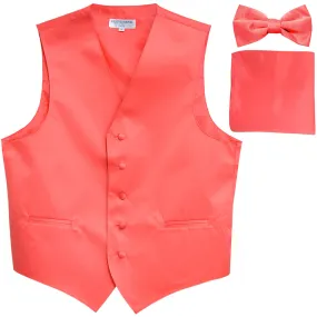 New Men's formal vest Tuxedo Waistcoat_bowtie & hankie set wedding prom coral