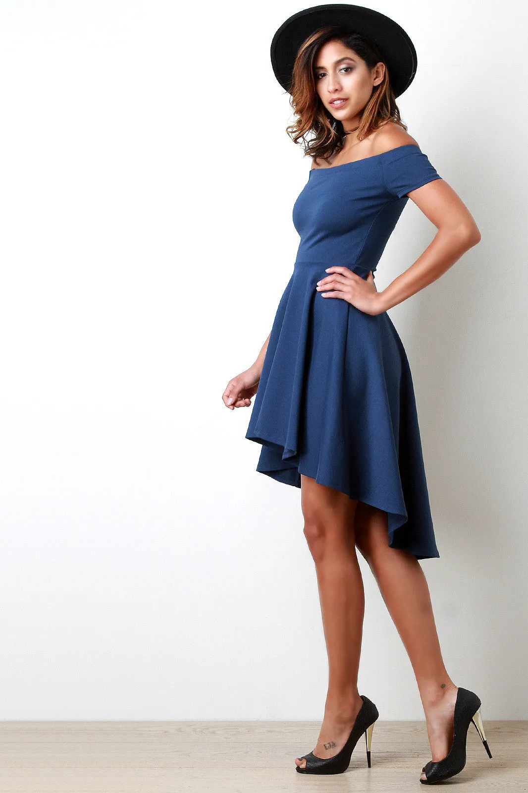 Off The Shoulder High-Low Ruffle Skater Dress