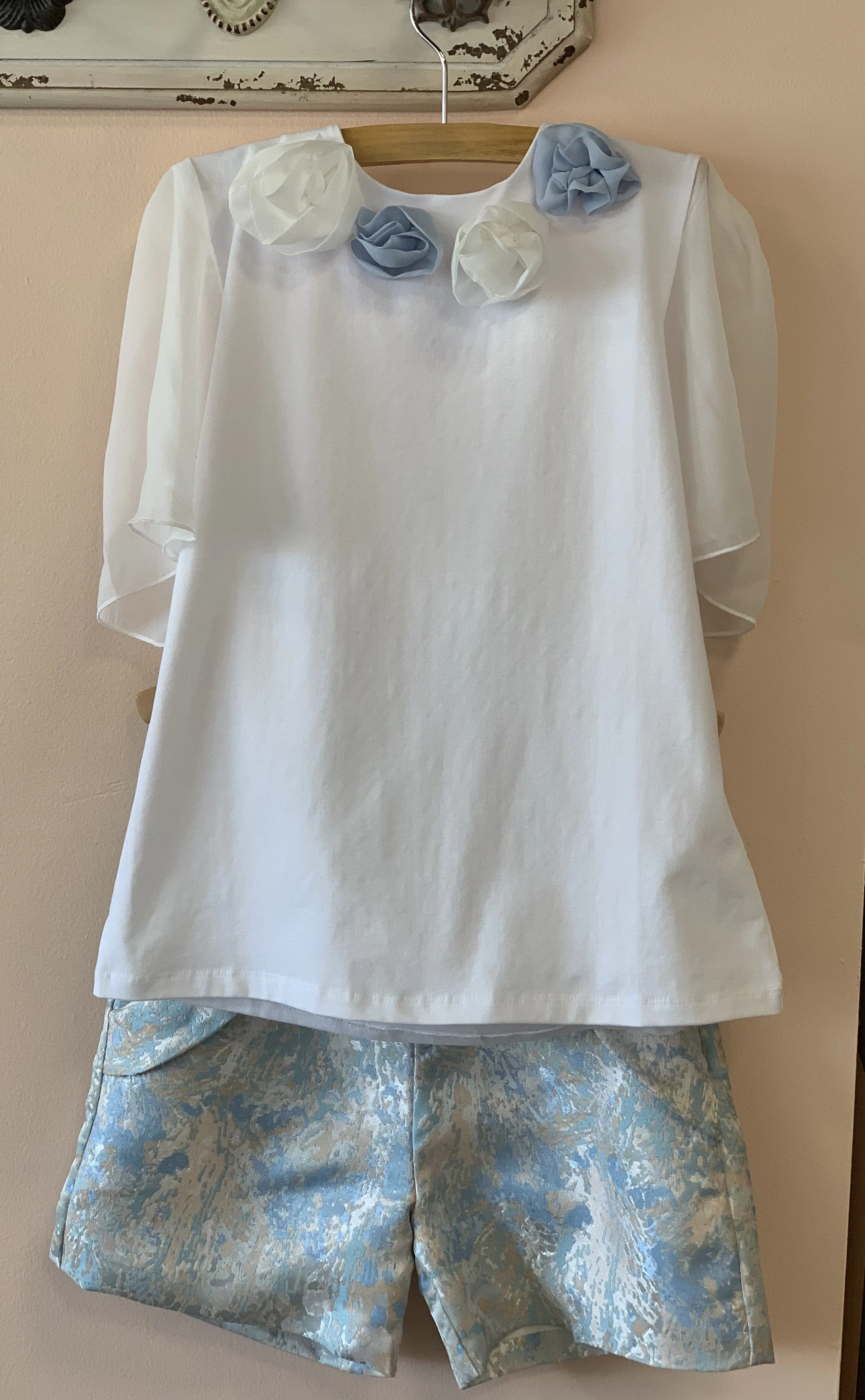 Patachou Girls White and Blue Flower Dress Shirt