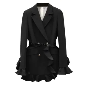 Patchwork Ruffles Trim Blazers For Women Notched Collar Long Sleeve Double Breasted Spliced Belt Balzer Female