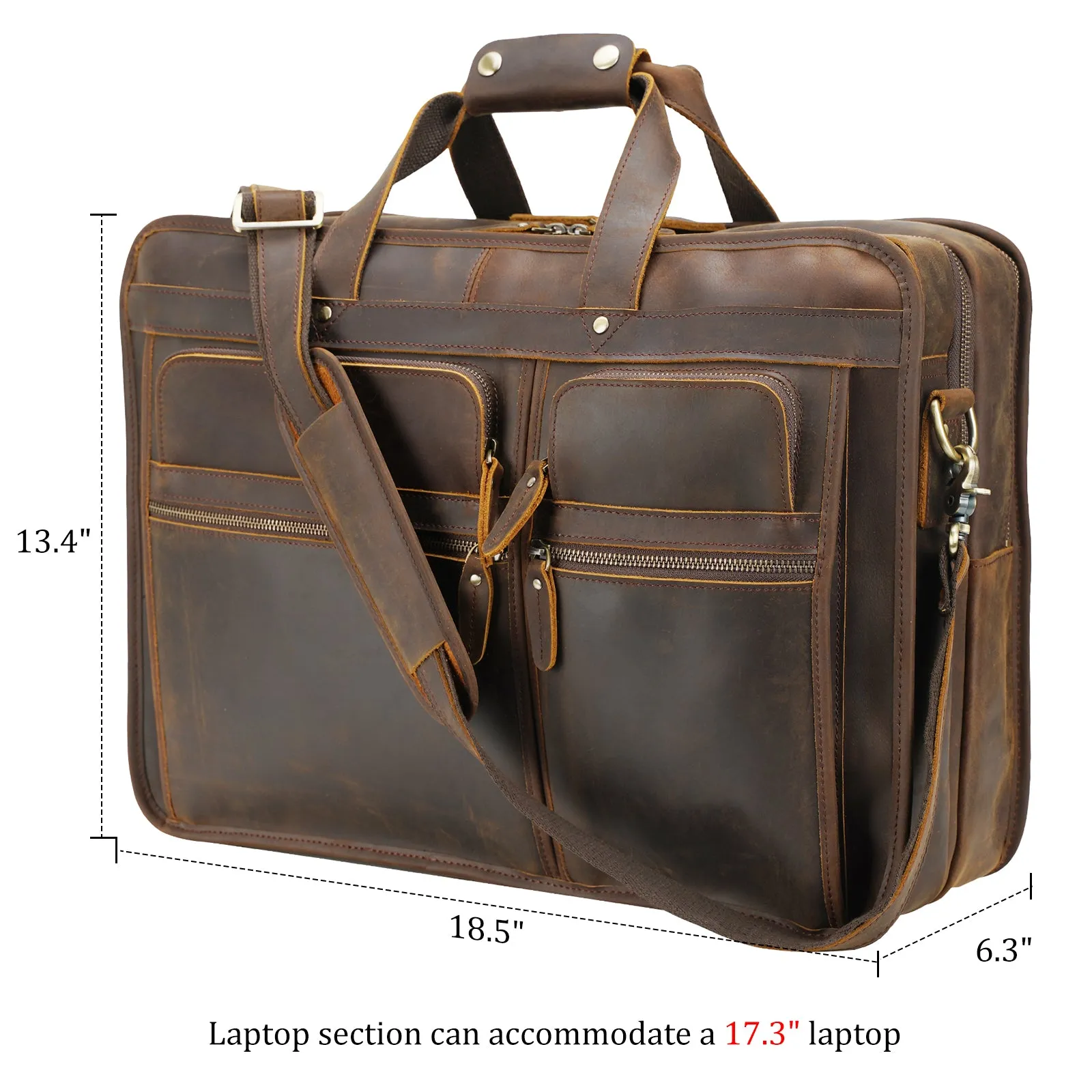 Polare 18.5” Full Grain Leather Laptop Briefcase Messenger Bag Tote For Men Large Fits 17.3” Laptop