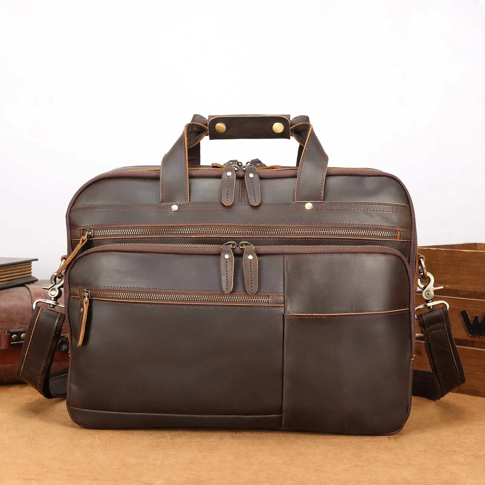 Polare Large Full Grain Leather Briefcase For Men Business Travel Case Messenger Bag