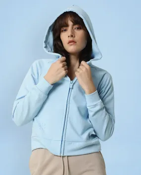 Rareism Women Capper Blue Cotton Blend Fabric Full Sleeves Solid Hooded Jacket