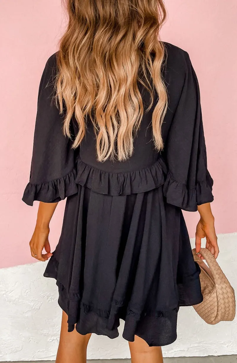 Ruffled V Neck Babydoll Dress