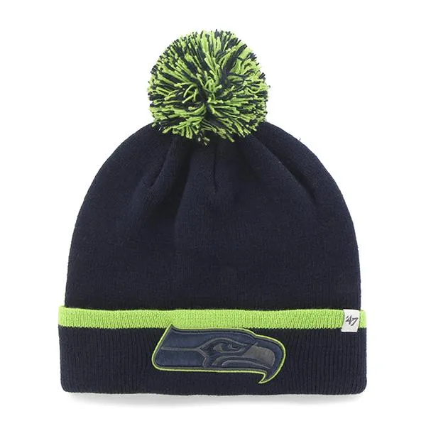 Seattle Seahawks 47 Brand Navy Green Baraka Knit Cuffed Poofball Beanie Hat Cap