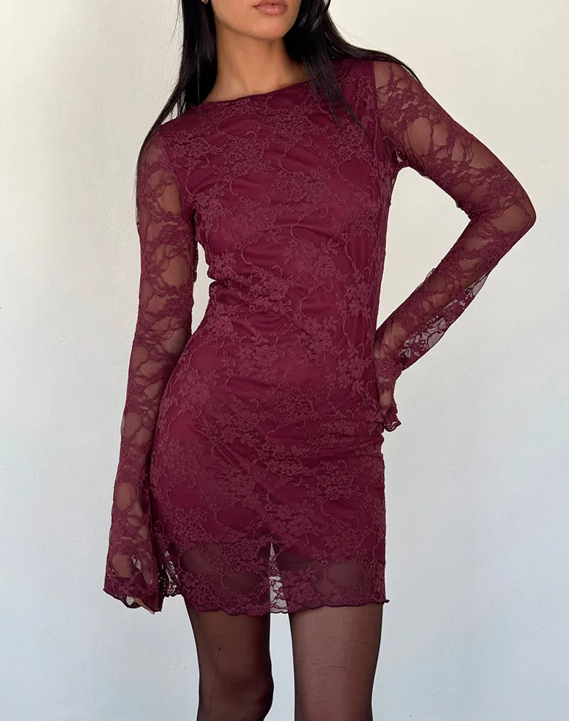 Sevila Long Sleeve Mini Dress Lace Burgundy