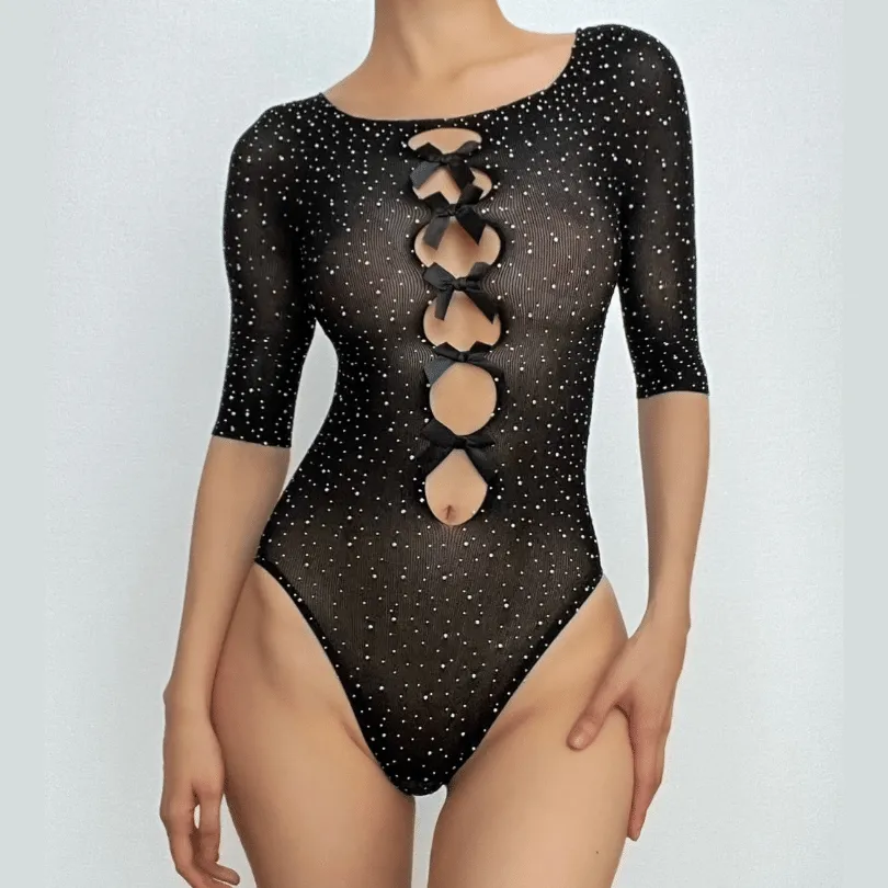 Sheer mesh see through beaded hollow out bowknot bodysuit