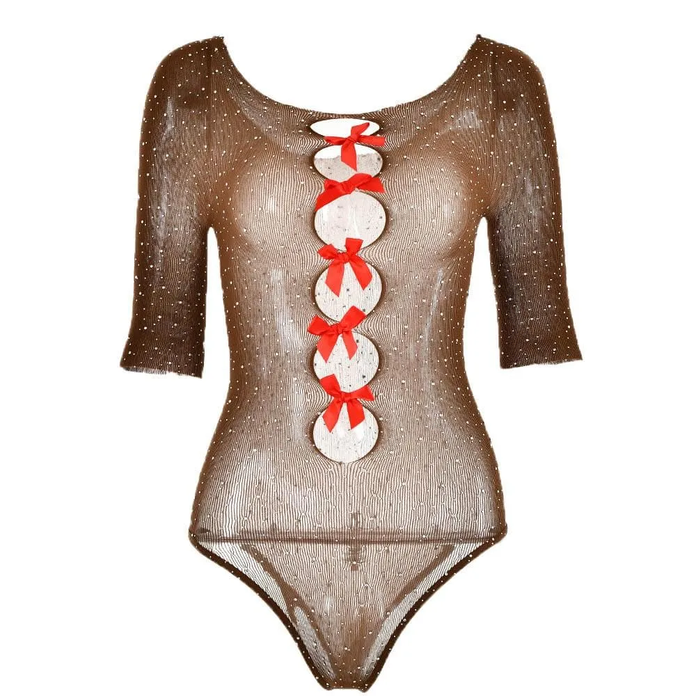 Sheer mesh see through beaded hollow out bowknot bodysuit