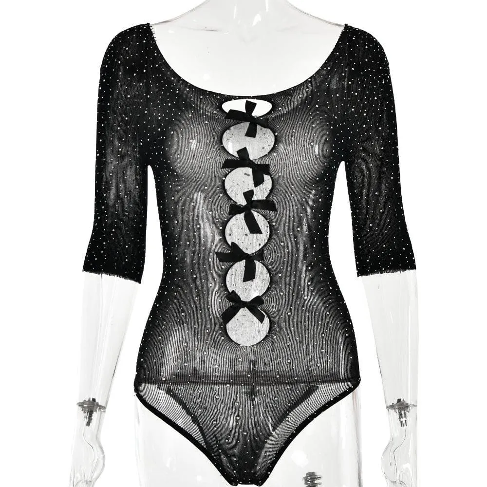 Sheer mesh see through beaded hollow out bowknot bodysuit