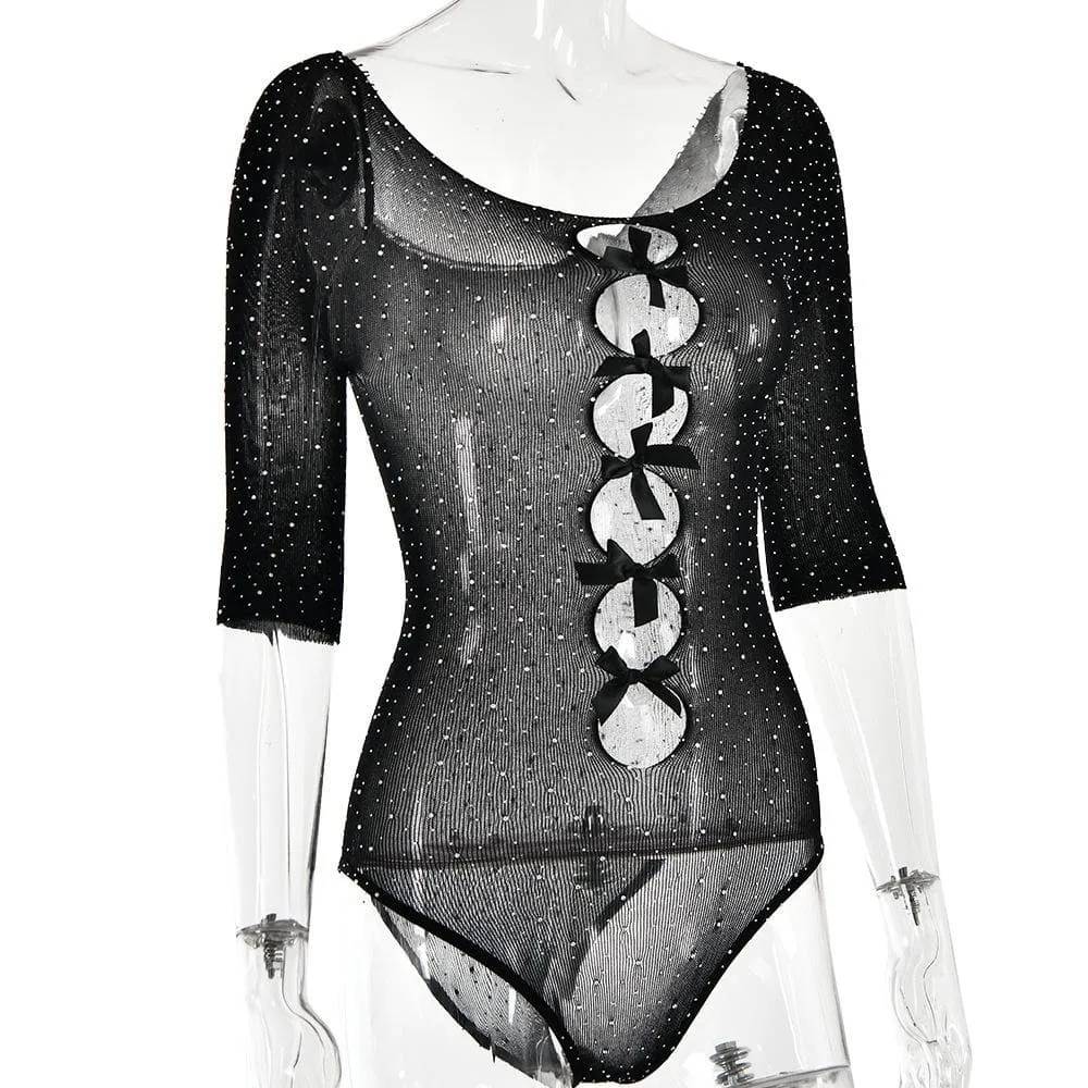 Sheer mesh see through beaded hollow out bowknot bodysuit