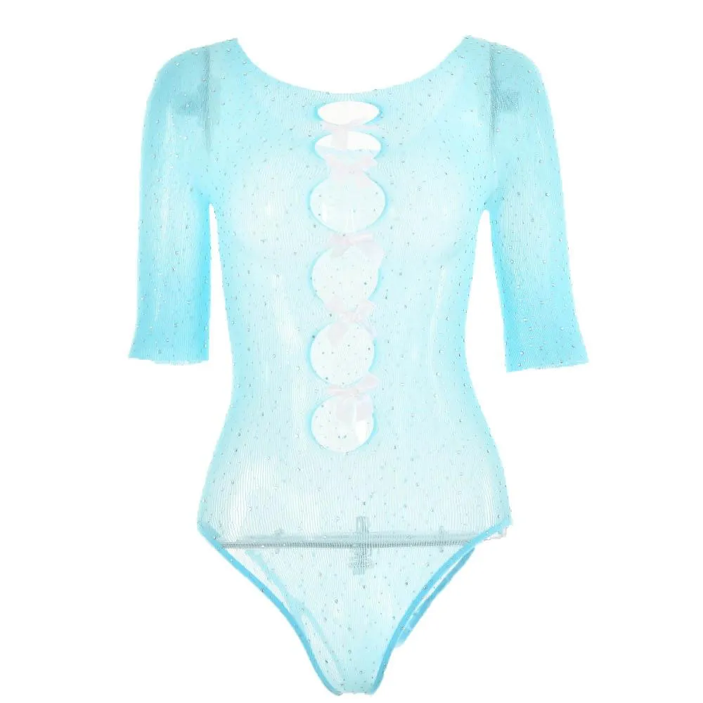 Sheer mesh see through beaded hollow out bowknot bodysuit