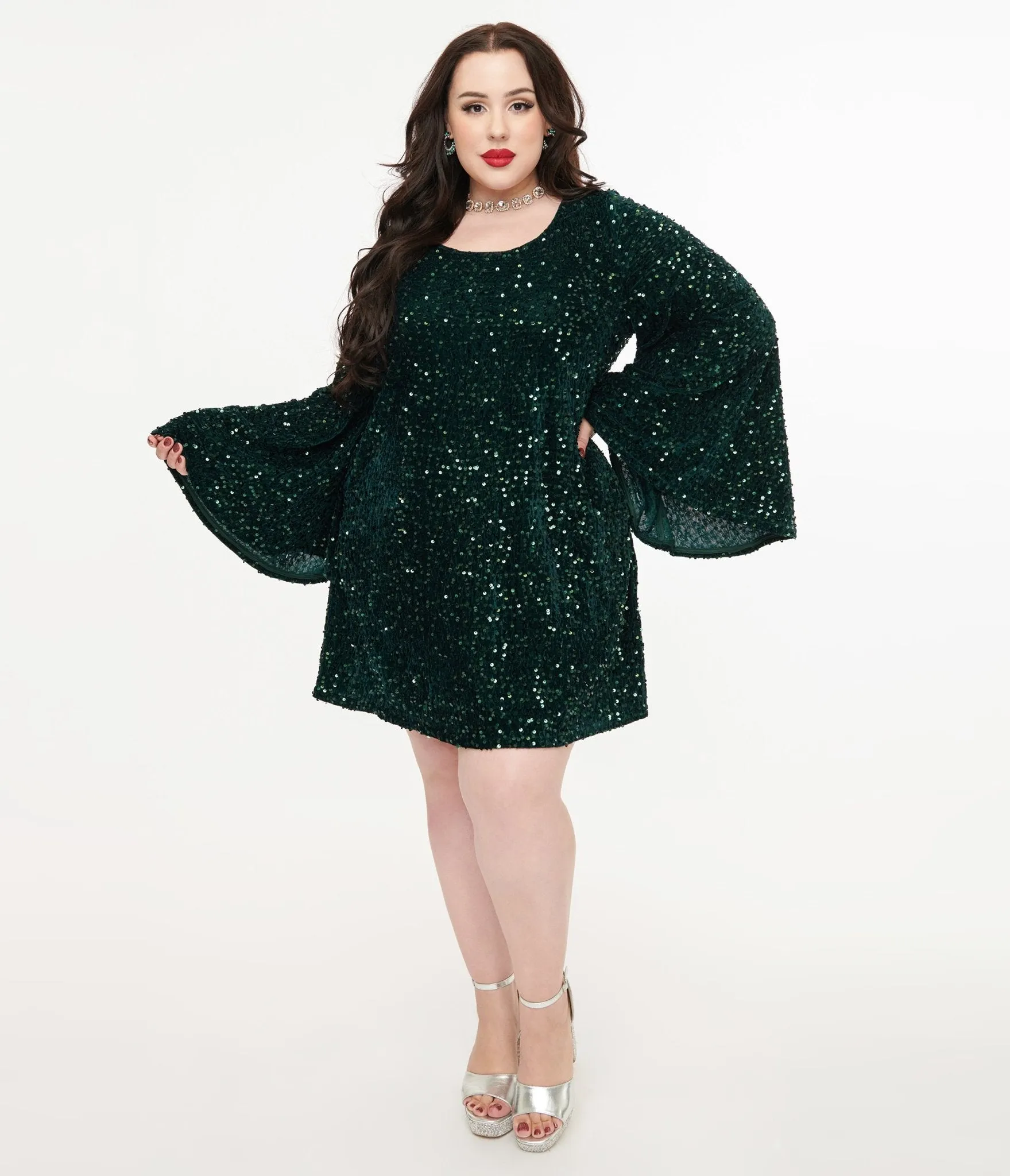 Smak Parlour Plus Size 1960s Green Sequin Downtown Scene Mini Dress