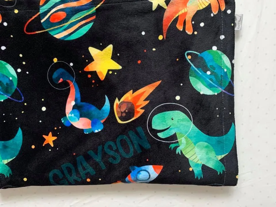 Space Dinosaur Print Personalized Minky Blanket (Smooth Minky)