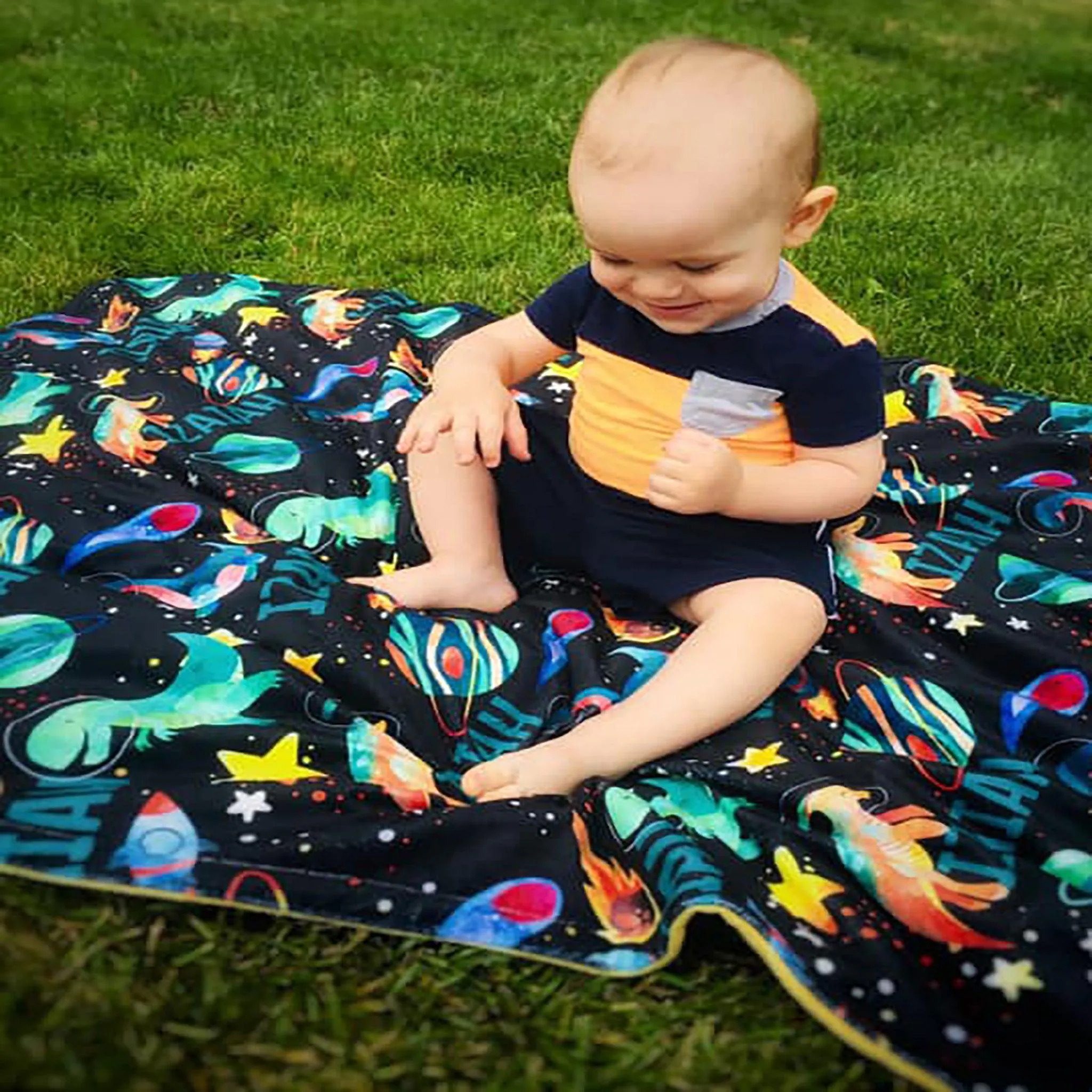 Space Dinosaur Print Personalized Minky Blanket (Smooth Minky)