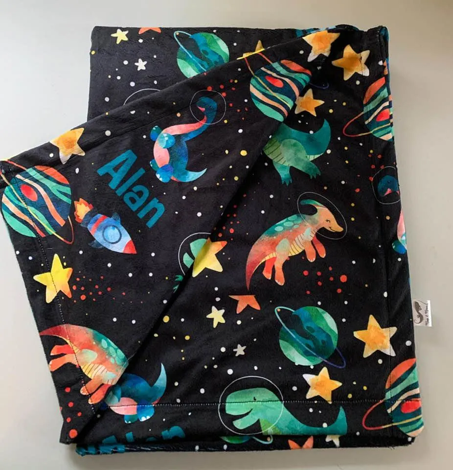 Space Dinosaur Print Personalized Minky Blanket (Smooth Minky)