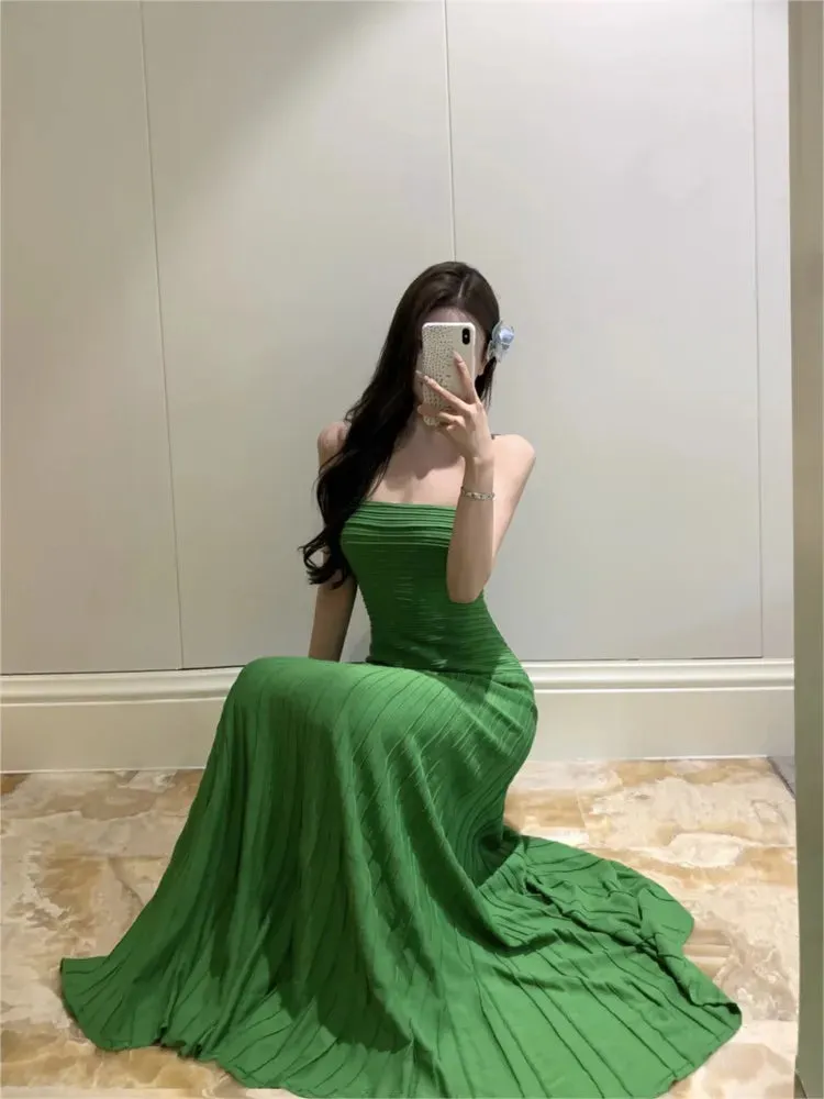 TAVIMART  -  Elegant Green Strapless Knit Long Dress A-line Pleat Vacation Women Dress Fashion Slim Sleeveless Fashion Beach Party Vestidos