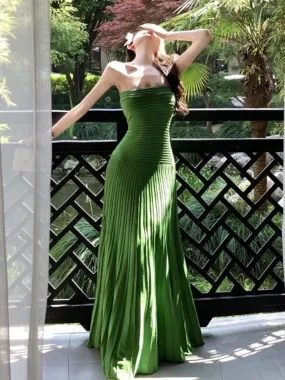 TAVIMART  -  Elegant Green Strapless Knit Long Dress A-line Pleat Vacation Women Dress Fashion Slim Sleeveless Fashion Beach Party Vestidos