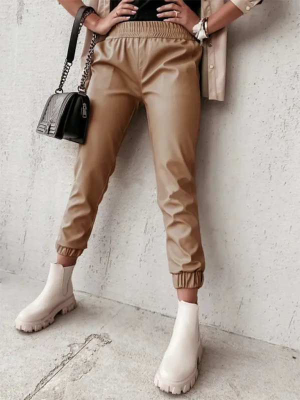 TEEK - Mid Waist Casual Leather Feel Pants