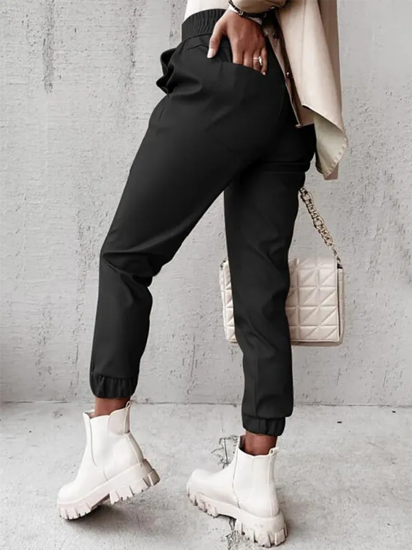 TEEK - Mid Waist Casual Leather Feel Pants