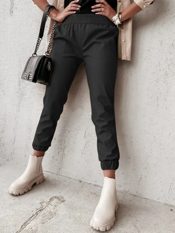 TEEK - Mid Waist Casual Leather Feel Pants