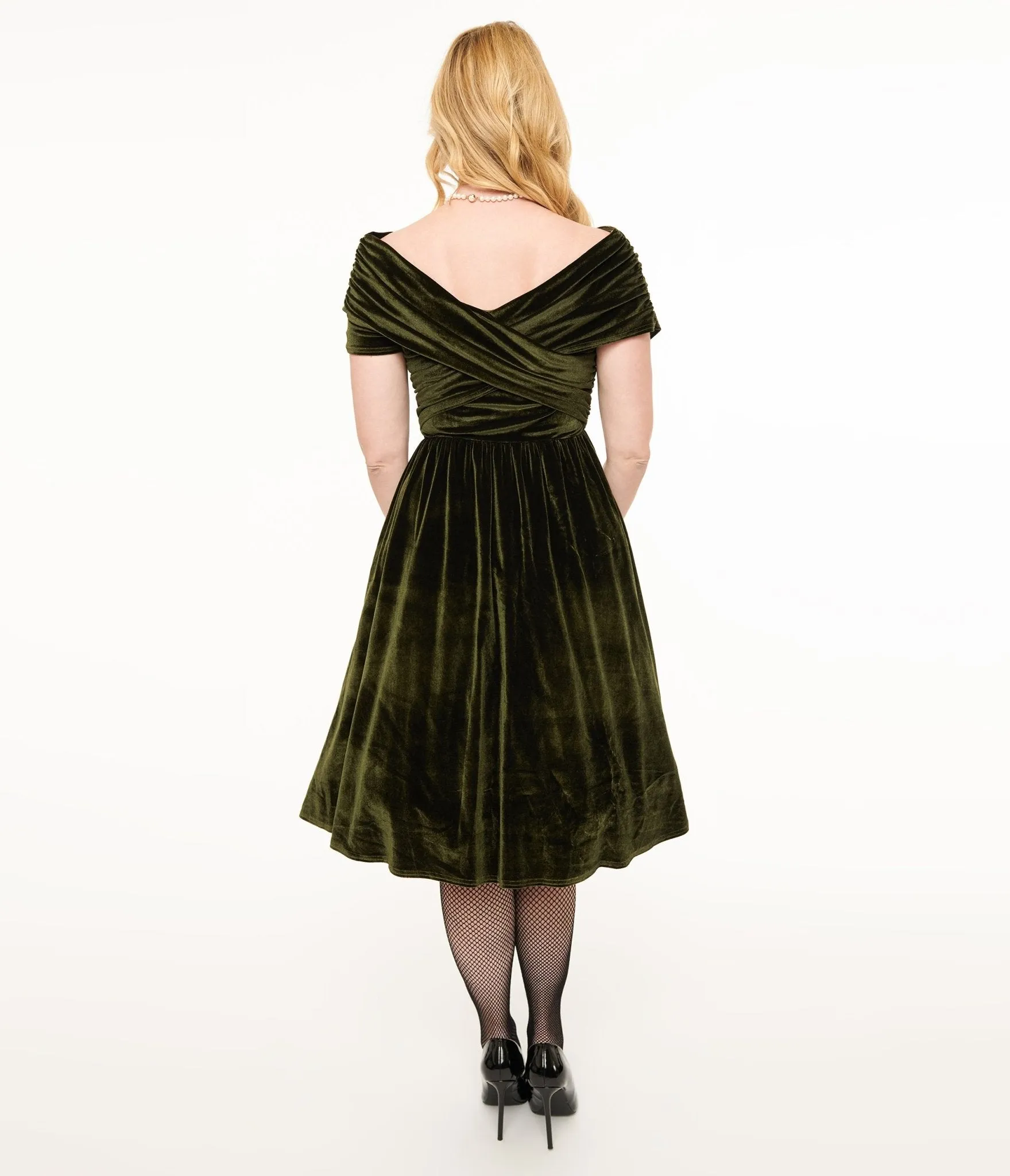 Unique Vintage 1950s Olive Green Shirred Velvet Swing Dress