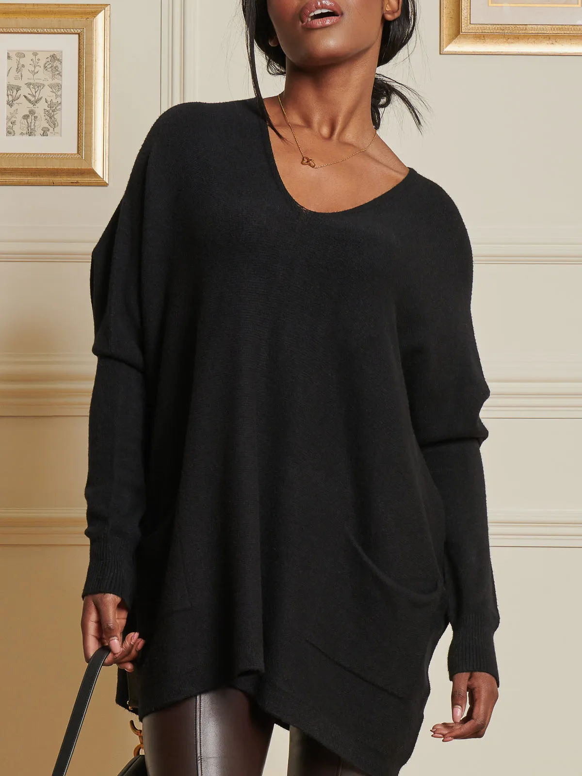 V-Neck Front Pocket Detail Jumper, Black