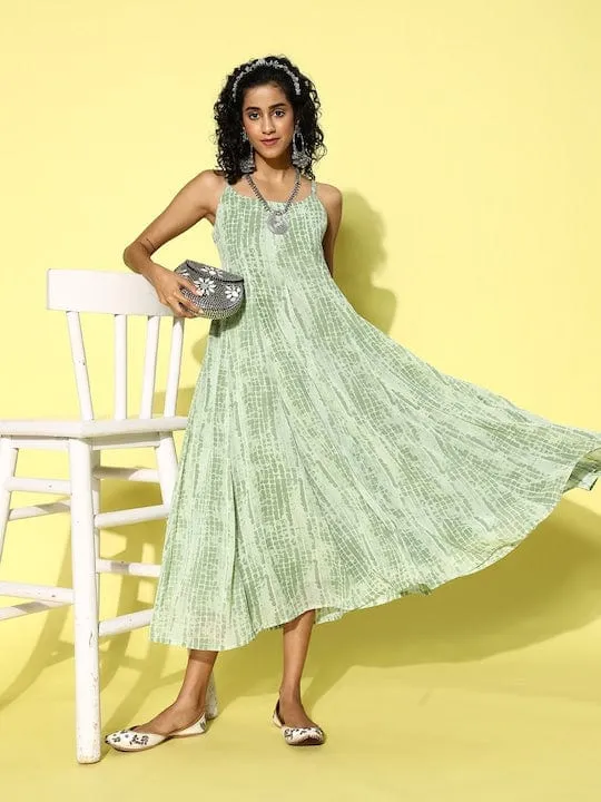 varanga green abstract printed georgette round neck maxi dress