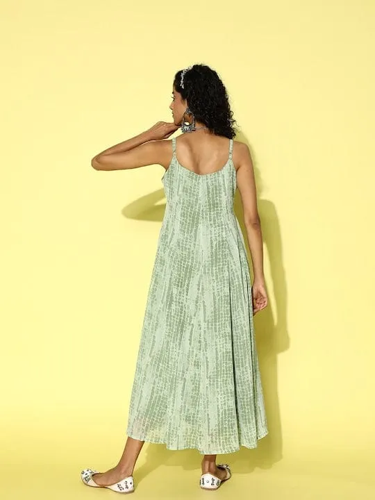 varanga green abstract printed georgette round neck maxi dress