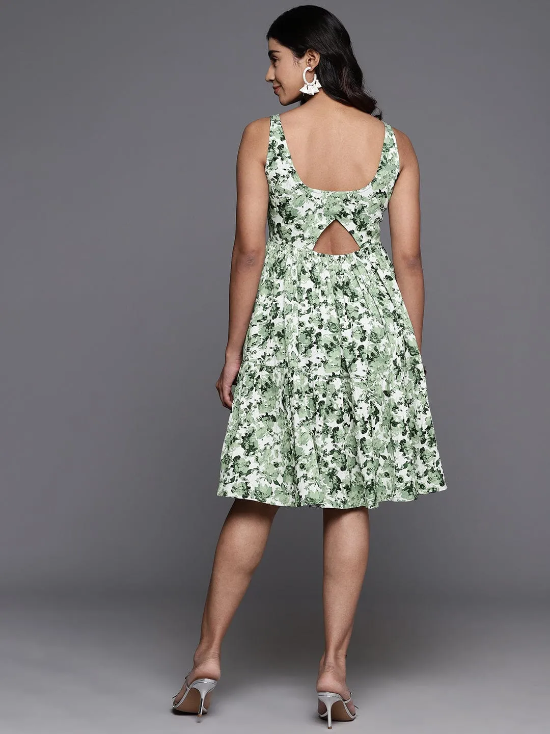 Varanga Green & White Floral Printed V-Neck,Back Details Tiered Dress With Flared Hem