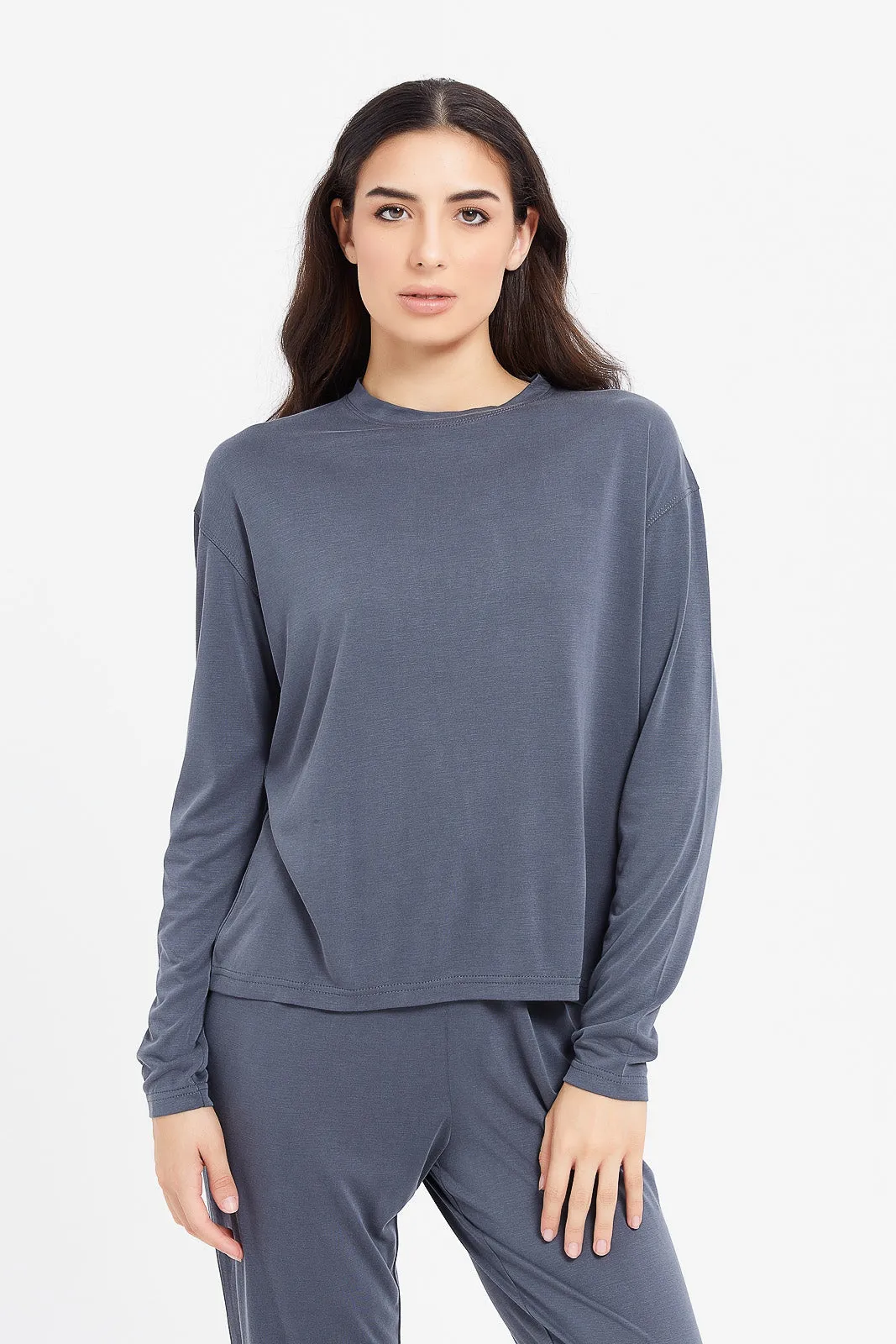 Women Grey Crew Neck Long Sleeve T-Shirt