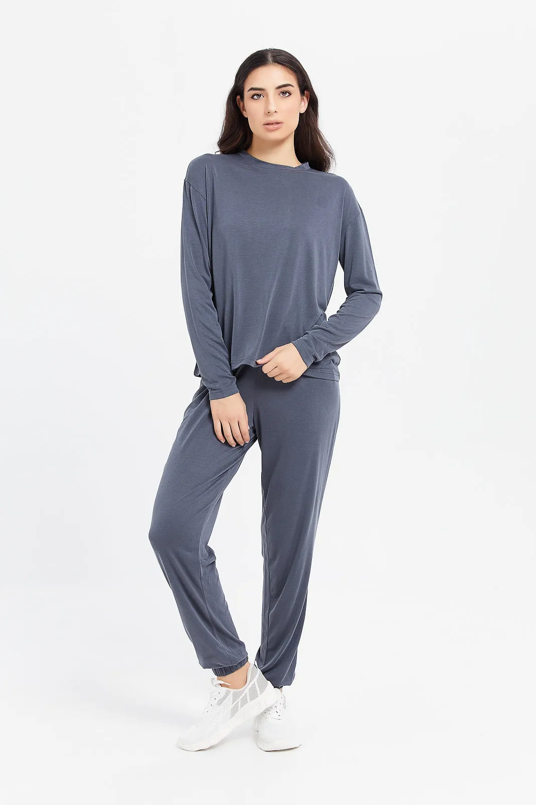 Women Grey Crew Neck Long Sleeve T-Shirt