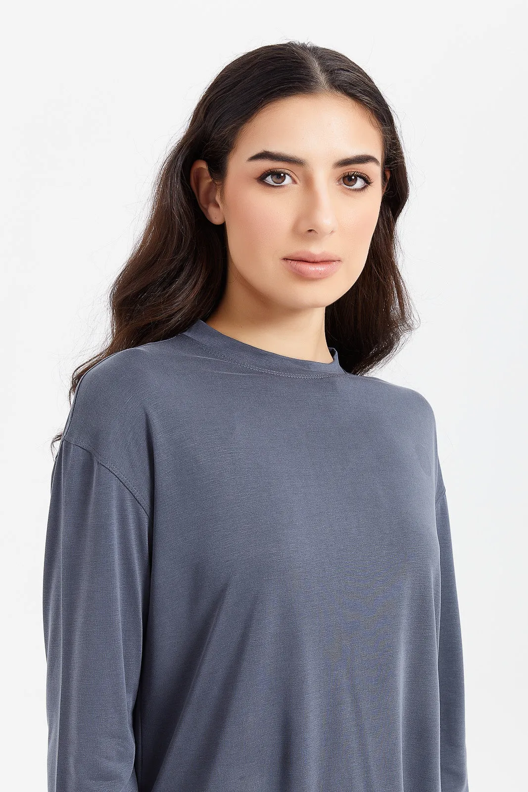 Women Grey Crew Neck Long Sleeve T-Shirt