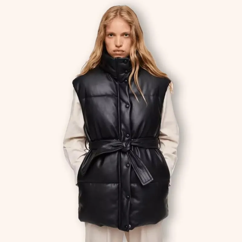 Women’s Black Leather Puffer Vest