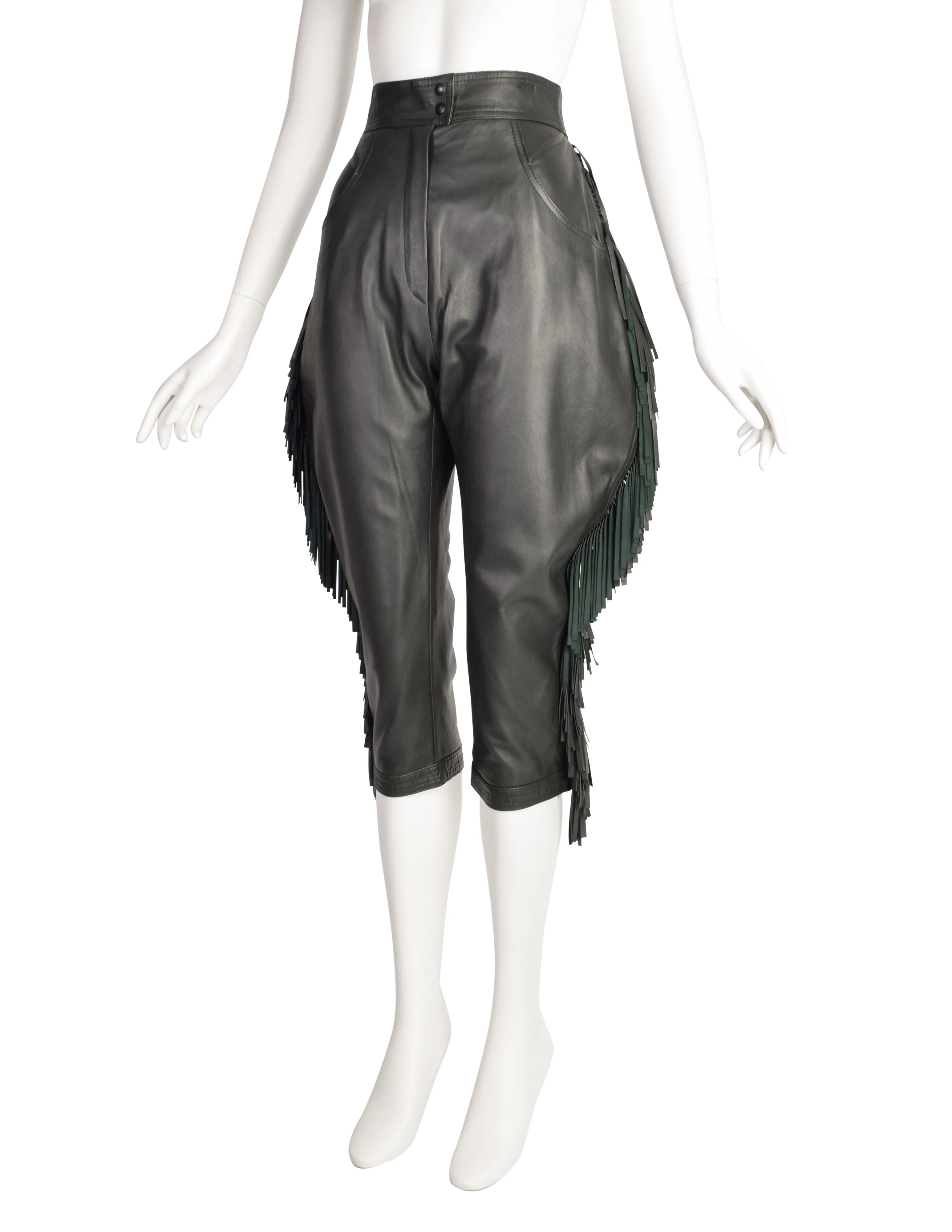 Yves Saint Laurent Vintage 1970s Deep Green Lambskin Leather Fringe Knickers Cropped Pants