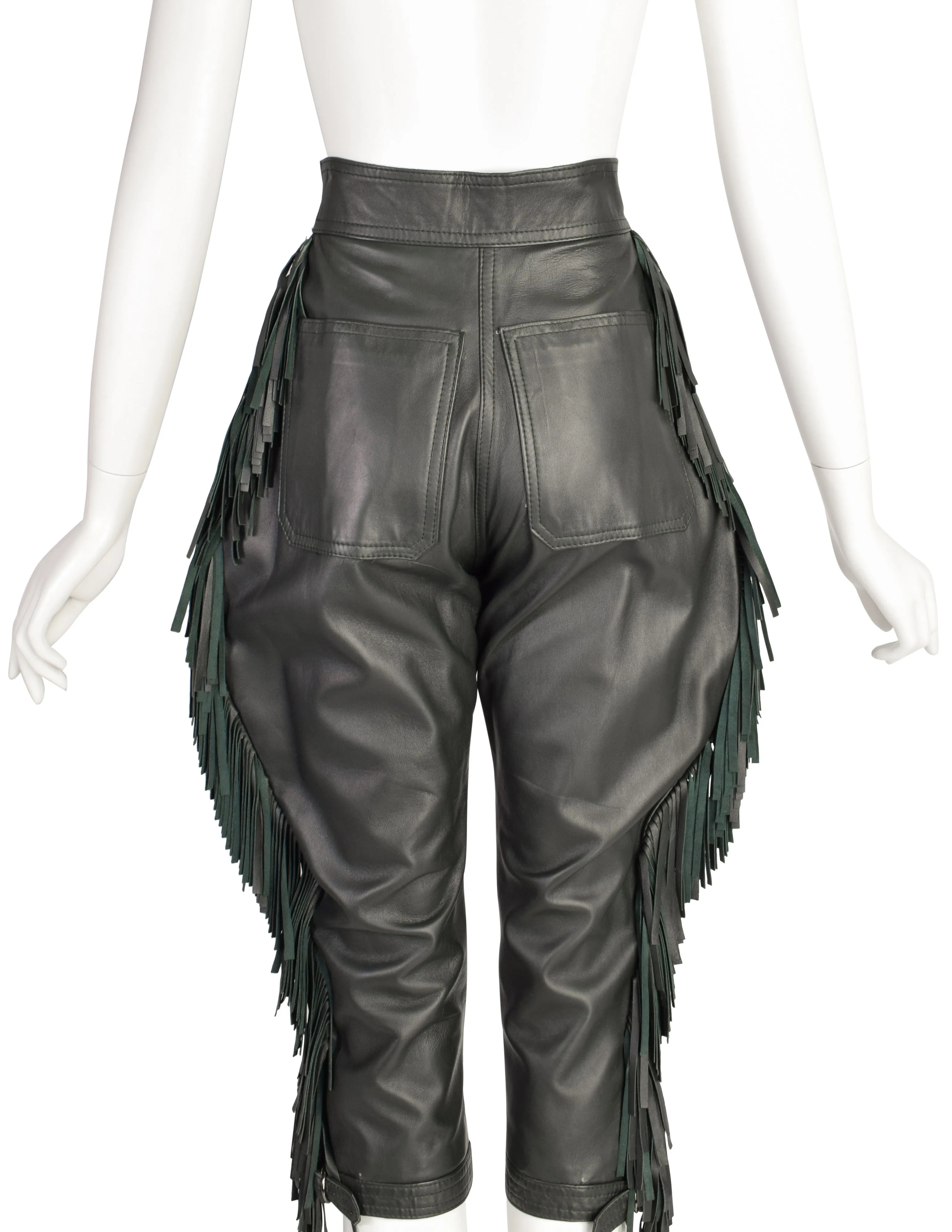 Yves Saint Laurent Vintage 1970s Deep Green Lambskin Leather Fringe Knickers Cropped Pants